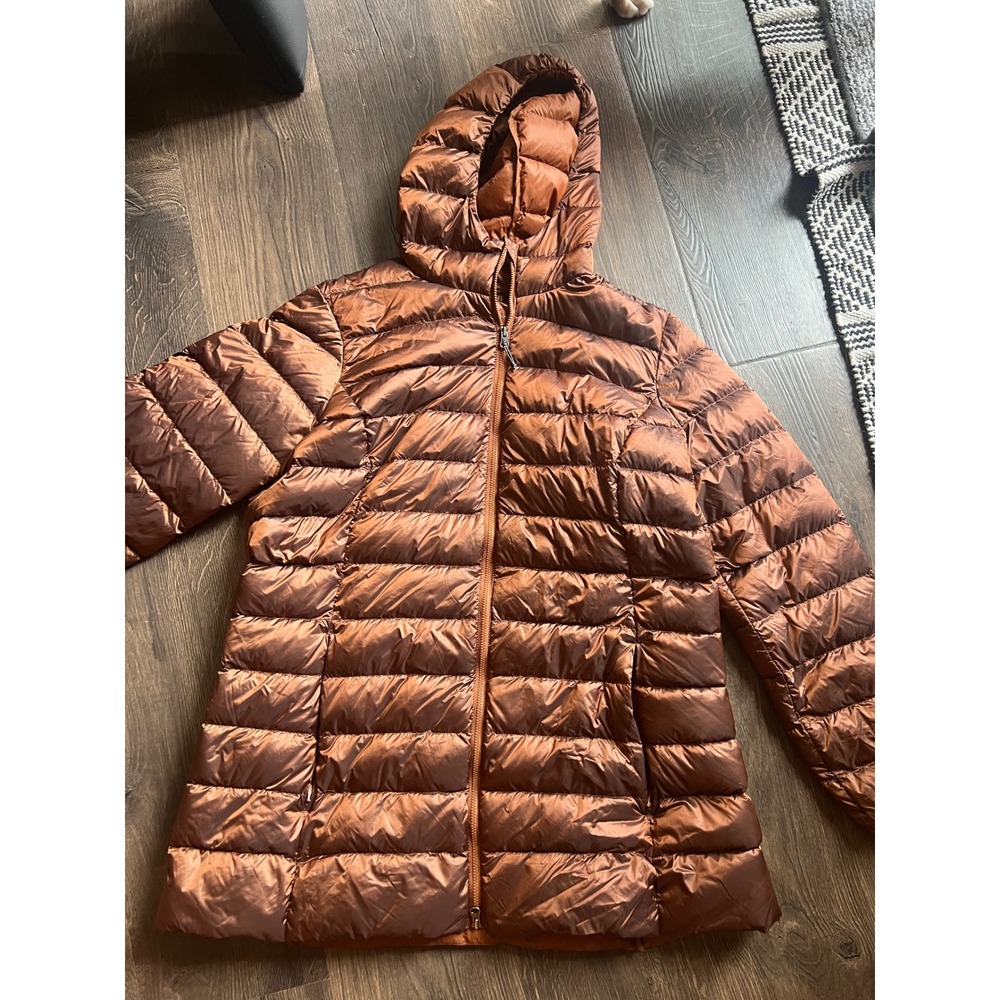 Eddie Bauer Womens Bronze Metallic Down Puffer Jacket Hooded Petite XL PXL